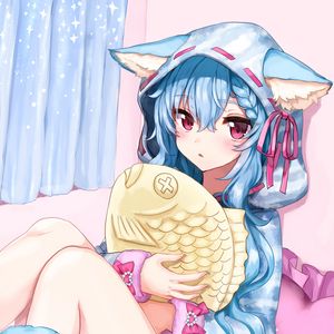 Preview wallpaper girl, hood, ears, fish, toy, anime