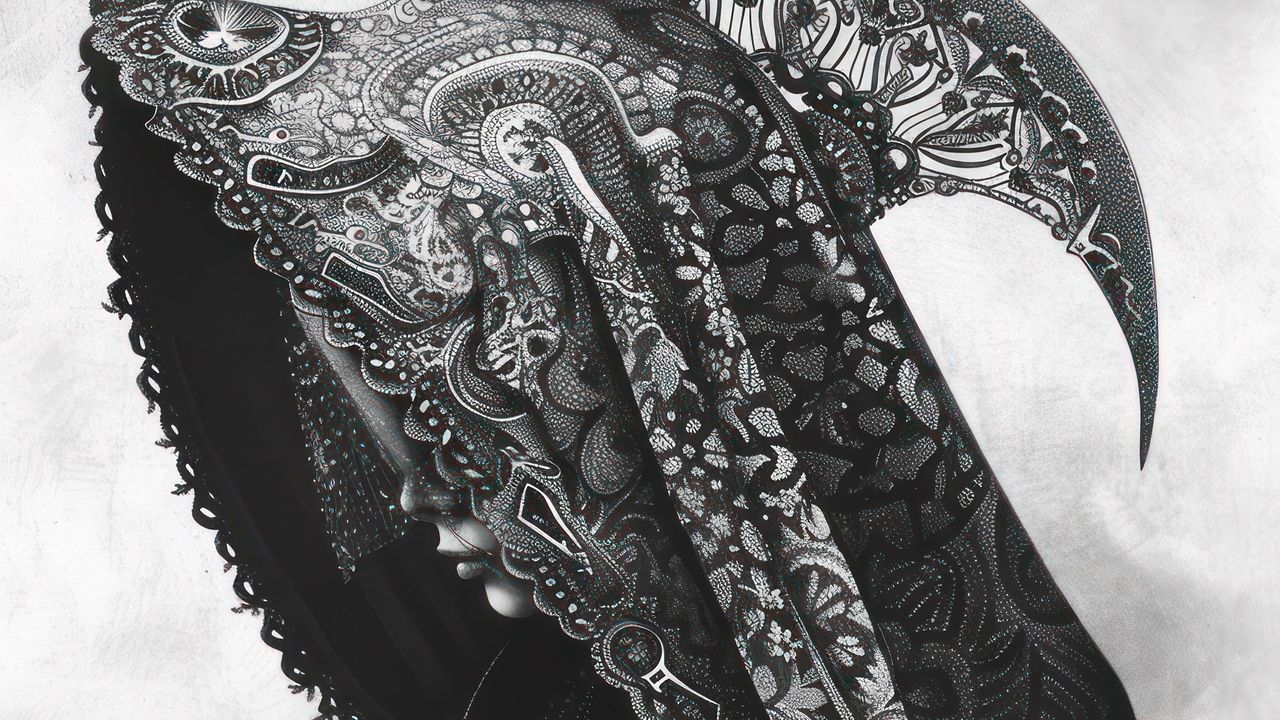 Wallpaper girl, hood, fabric, folds, black and white