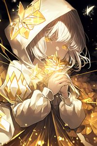 Preview wallpaper girl, hood, flowers, gold, glow, anime