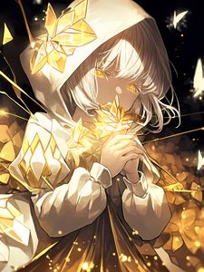 Preview wallpaper girl, hood, flowers, gold, glow, anime