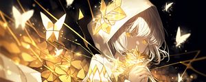 Preview wallpaper girl, hood, flowers, gold, glow, anime