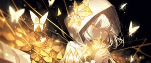 Preview wallpaper girl, hood, flowers, gold, glow, anime