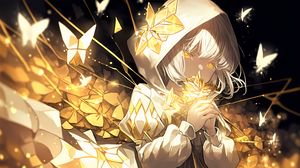 Preview wallpaper girl, hood, flowers, gold, glow, anime