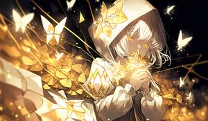 Preview wallpaper girl, hood, flowers, gold, glow, anime