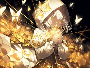 Preview wallpaper girl, hood, flowers, gold, glow, anime