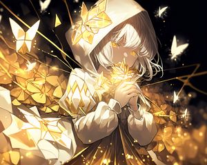 Preview wallpaper girl, hood, flowers, gold, glow, anime