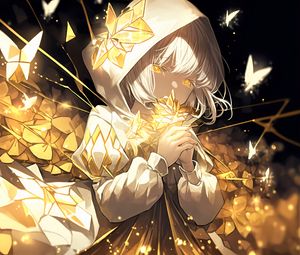 Preview wallpaper girl, hood, flowers, gold, glow, anime
