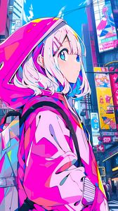 Preview wallpaper girl, hood, hairpin, buildings, anime