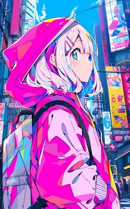 Preview wallpaper girl, hood, hairpin, buildings, anime