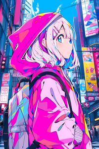 Preview wallpaper girl, hood, hairpin, buildings, anime