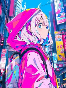 Preview wallpaper girl, hood, hairpin, buildings, anime