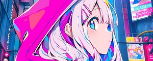 Preview wallpaper girl, hood, hairpin, buildings, anime