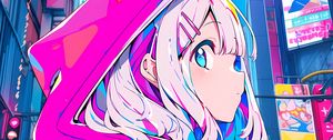 Preview wallpaper girl, hood, hairpin, buildings, anime