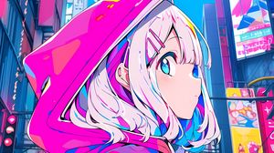 Preview wallpaper girl, hood, hairpin, buildings, anime