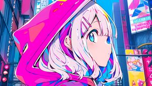 Preview wallpaper girl, hood, hairpin, buildings, anime