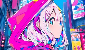 Preview wallpaper girl, hood, hairpin, buildings, anime