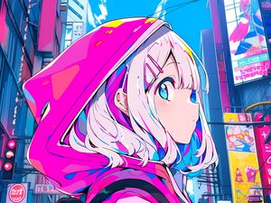 Preview wallpaper girl, hood, hairpin, buildings, anime