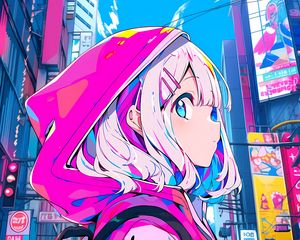 Preview wallpaper girl, hood, hairpin, buildings, anime