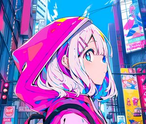 Preview wallpaper girl, hood, hairpin, buildings, anime