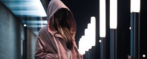 Preview wallpaper girl, hood, jacket, pink, style