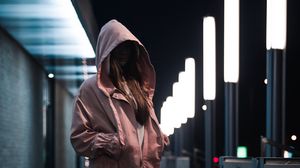 Preview wallpaper girl, hood, jacket, pink, style