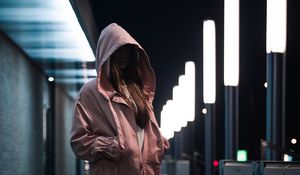 Preview wallpaper girl, hood, jacket, pink, style