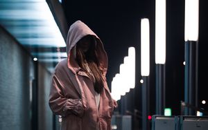Preview wallpaper girl, hood, jacket, pink, style