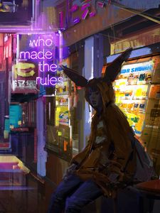 Preview wallpaper girl, hood, neon, backlight, art