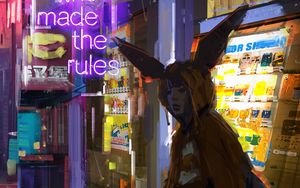 Preview wallpaper girl, hood, neon, backlight, art