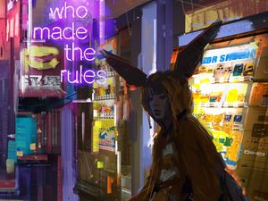 Preview wallpaper girl, hood, neon, backlight, art