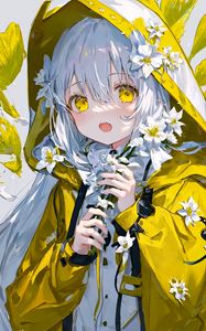 Preview wallpaper girl, hood, raincoat, flowers, anime