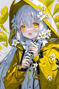 Preview wallpaper girl, hood, raincoat, flowers, anime