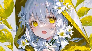 Preview wallpaper girl, hood, raincoat, flowers, anime