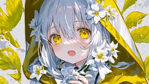 Preview wallpaper girl, hood, raincoat, flowers, anime