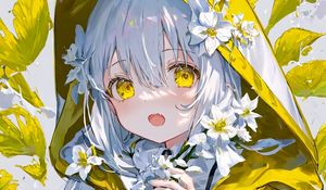 Preview wallpaper girl, hood, raincoat, flowers, anime