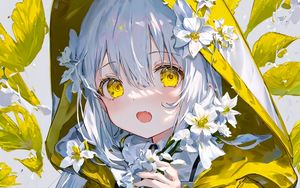 Preview wallpaper girl, hood, raincoat, flowers, anime