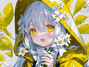 Preview wallpaper girl, hood, raincoat, flowers, anime