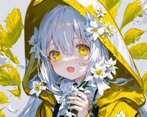 Preview wallpaper girl, hood, raincoat, flowers, anime