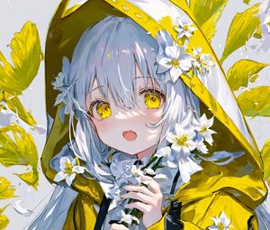 Preview wallpaper girl, hood, raincoat, flowers, anime