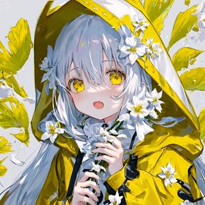 Preview wallpaper girl, hood, raincoat, flowers, anime