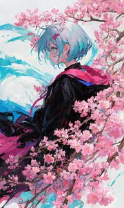 Preview wallpaper girl, hood, raincoat, flowers, spring, anime