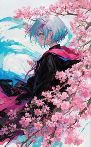 Preview wallpaper girl, hood, raincoat, flowers, spring, anime