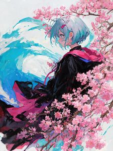 Preview wallpaper girl, hood, raincoat, flowers, spring, anime