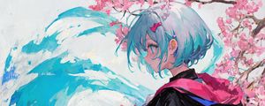 Preview wallpaper girl, hood, raincoat, flowers, spring, anime