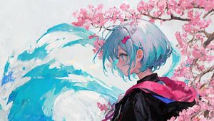 Preview wallpaper girl, hood, raincoat, flowers, spring, anime