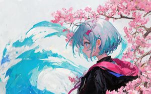 Preview wallpaper girl, hood, raincoat, flowers, spring, anime