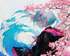 Preview wallpaper girl, hood, raincoat, flowers, spring, anime