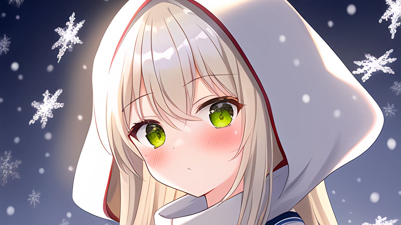 Wallpaper girl, hood, snow, snowflakes, winter, anime