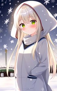 Preview wallpaper girl, hood, snow, snowflakes, winter, anime