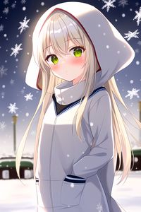 Preview wallpaper girl, hood, snow, snowflakes, winter, anime